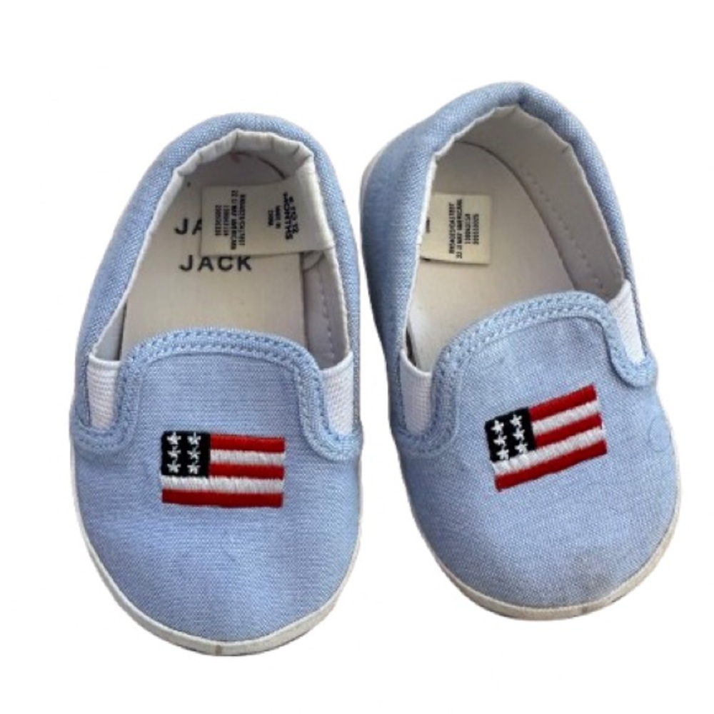 Blue and White Slippers with Embroidered Flag